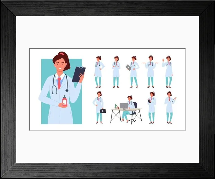 Framed Print : Doctor female poses infographic set, young woman doctor standing with first aid bag Framed Print : Doctor female poses infographic set, young woman doctor standing with first aid bag