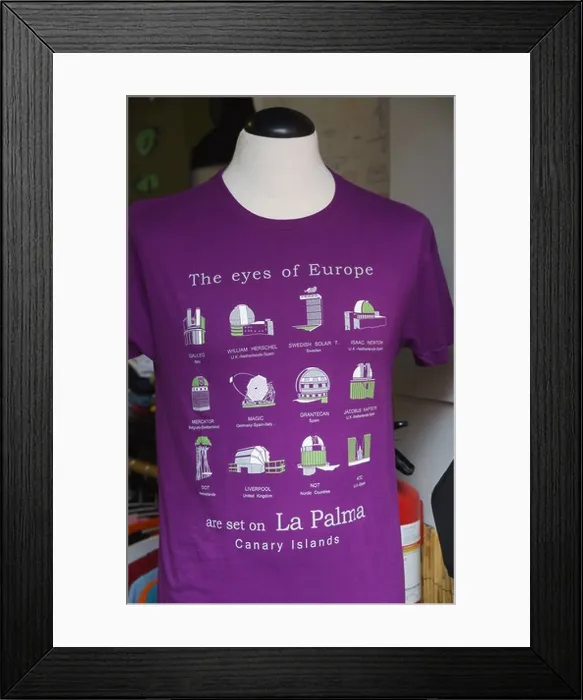Framed Print : La Palma, Canary Islands - Santa Cruz, island capital. T-shirt with pictures of the international European observatories Framed Print : La Palma, Canary Islands - Santa Cruz, island capital. T-shirt with pictures of the international European observatories