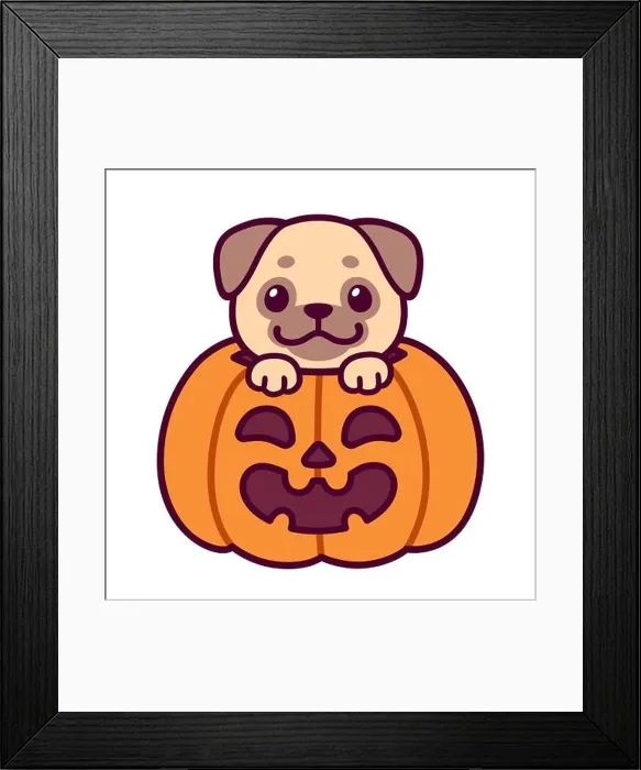 Framed Print : Trick or Treat. Cute cartoon Pug in Halloween pumpkin. Kawaii dog drawing, funny vector illustration Framed Print : Trick or Treat. Cute cartoon Pug in Halloween pumpkin. Kawaii dog drawing, funny vector illustration