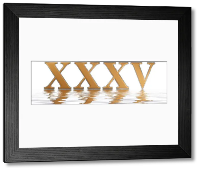 Framed Print : Roman numeral XXXV, quinque et triginta, 35, thirty five, reflected on the water surface, isolated on white, 3d render Framed Print : Roman numeral XXXV, quinque et triginta, 35, thirty five, reflected on the water surface, isolated on white, 3d render