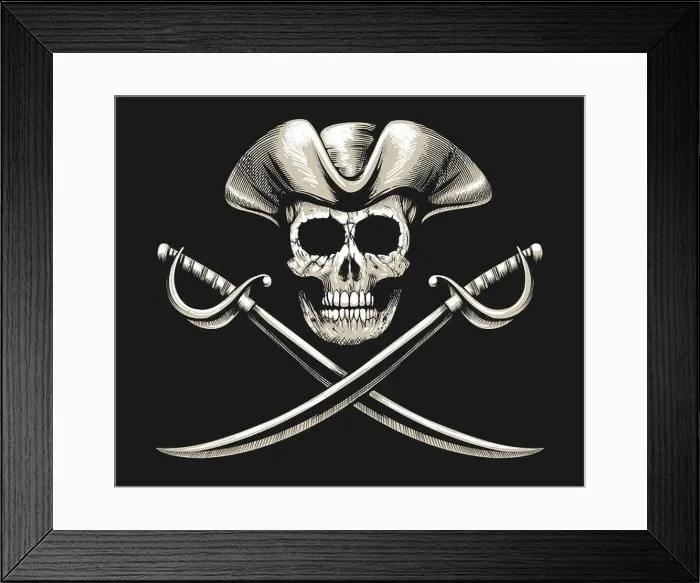 Framed Print : Emblem of Pirate Skull with Sabres Jolly Roger isolated on black. Vector illustration Framed Print : Emblem of Pirate Skull with Sabres Jolly Roger isolated on black. Vector illustration