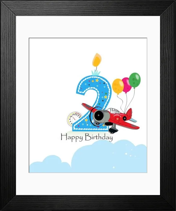 Framed Print : Second birthday greeting card. Air plane and balloon happy birthday boy greeting card