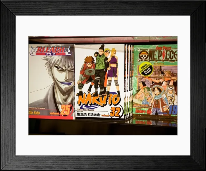 Framed Print : Manga comics on the shelf in Gosh comic shop in London Framed Print : Manga comics on the shelf in Gosh comic shop in London