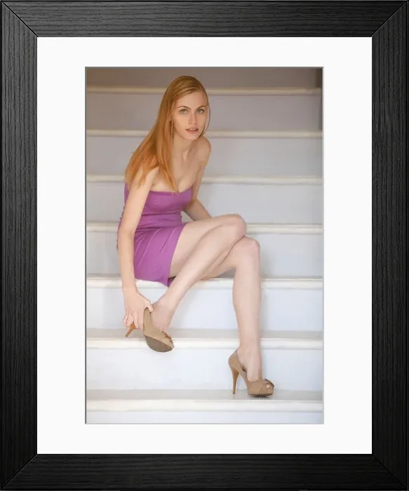Framed Print : girl gets her shoes sitting on the steps