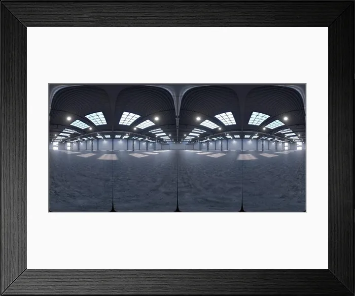 Framed Print : Full spherical hdri panorama 360 degrees of empty exhibition space. backdrop for exhibitions and events. Tile floor. Marketing mock up. 3D render illu