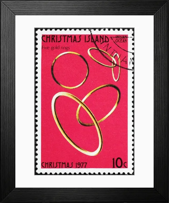 Framed Print : Twelve days of Christmas - 5 gold rings on postage stamp of Christmas Island Framed Print : Twelve days of Christmas - 5 gold rings on postage stamp of Christmas Island