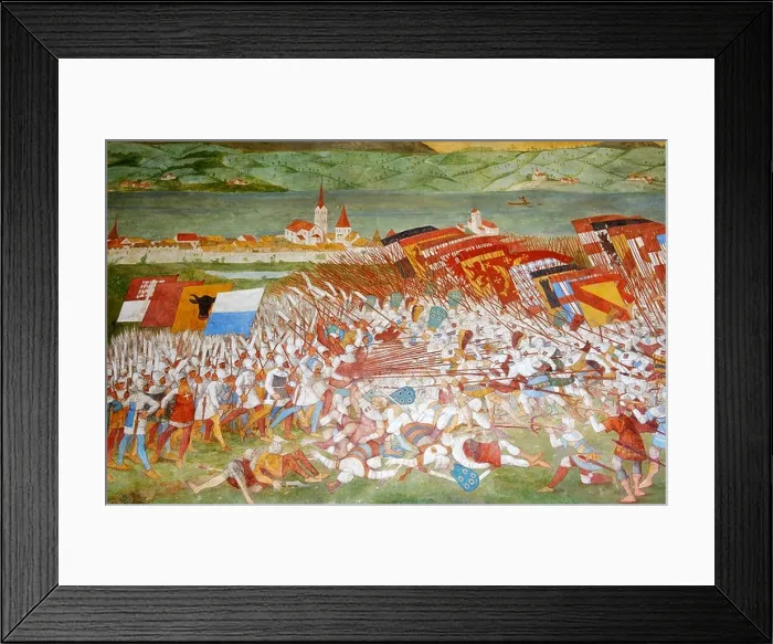 Framed Print : Fresco in the memorial chapel to the battle of Sempach (1386), in the center Arnold von Winkelried, Sempach, Canton of Lucerne Framed Print : Fresco in the memorial chapel to the battle of Sempach (1386), in the center Arnold von Winkelried, Sempach, Canton of Lucerne