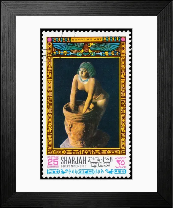 Framed Print : SHARJAH - CIRCA 1968: Stamp printed Sharjah shows a sculpture of woman, a series devoted to the treasures of ancient Egyptian ar Framed Print : SHARJAH - CIRCA 1968: Stamp printed Sharjah shows a sculpture of woman, a series devoted to the treasures of ancient Egyptian ar