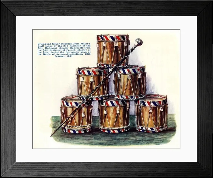 Framed Print : Peninsular War, six French drums and a silver-mounted drum major's staff, spoils of war taken by the 2nd Battalion of the 34th Regiment