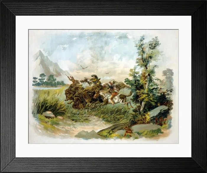 Framed Print : Buffalo hunt in the wild west Published 1897. A buffalo hunter shooting a buffalo as two Natives ride alongside with spears Framed Print : Buffalo hunt in the wild west Published 1897. A buffalo hunter shooting a buffalo as two Natives ride alongside with spears