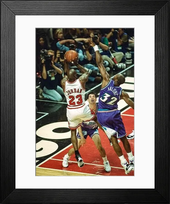 Framed Print : Michael Jordan competing against Karl Malone and John Stockton of the Utah Jazz during the 1997 NBA Finals Framed Print : Michael Jordan competing against Karl Malone and John Stockton of the Utah Jazz during the 1997 NBA Finals