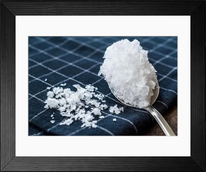 Framed Print : Maldon Sea Salt flakes in Spoon. Ready to Use. Organic Food Framed Print : Maldon Sea Salt flakes in Spoon. Ready to Use. Organic Food