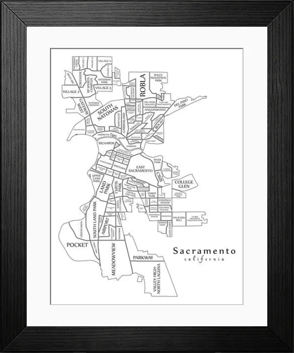 Framed Print : Modern City Map - Sacramento California city of the USA with neighborhoods and titles outline map Framed Print : Modern City Map - Sacramento California city of the USA with neighborhoods and titles outline map