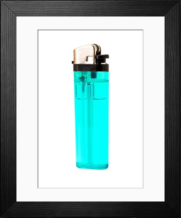 Framed Print : Blue disposable gas cigarette lighter - studio shot with a white background Framed Print : Blue disposable gas cigarette lighter - studio shot with a white background