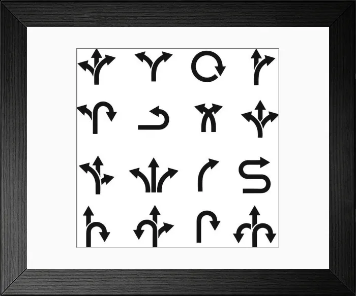 Framed Print : Road traffic direction arrows flat set. You-turn, left, right, two way, three way transportation direction arrow symbol. decision icon vector Framed Print : Road traffic direction arrows flat set. You-turn, left, right, two way, three way transportation direction arrow symbol. decision icon vector