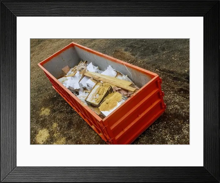 Framed Print : Metal trash container garbage can waste construction trash dumpsters on house renovation Framed Print : Metal trash container garbage can waste construction trash dumpsters on house renovation