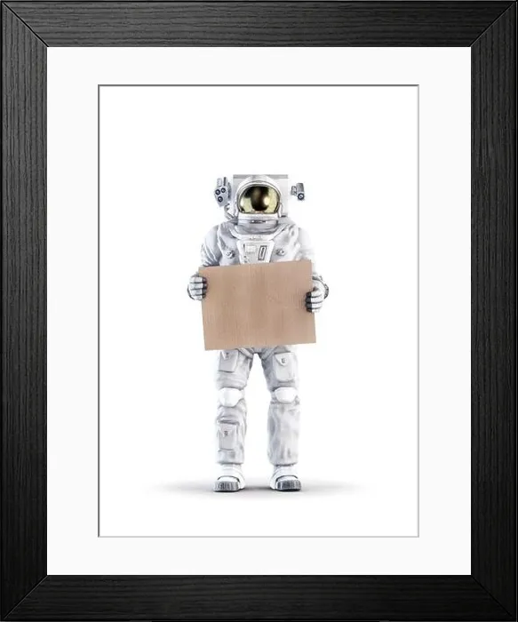 Framed Print : Astronaut with message / 3D illustration of space suit wearing male figure holding blank cardboard sign isolated on white studio background Framed Print : Astronaut with message / 3D illustration of space suit wearing male figure holding blank cardboard sign isolated on white studio background
