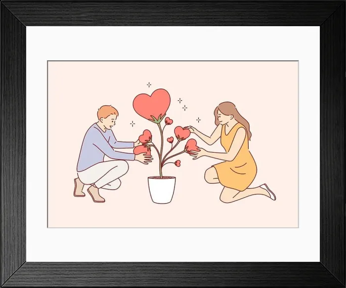 Framed Print : Taking care of love and plants concept. Young smiling couple woman and man cartoon characters sitting holding heart shaped leaves of love plant in Framed Print : Taking care of love and plants concept. Young smiling couple woman and man cartoon characters sitting holding heart shaped leaves of love plant in