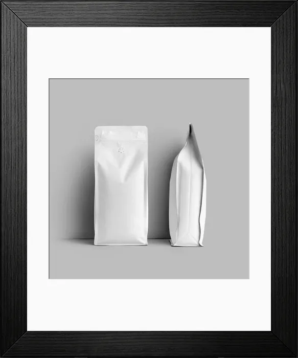 Framed Print : Mockup of a white bag for coffee beans, packaging with a degassing valve, front, side space for design, branding. Set. Template of stable pack with te Framed Print : Mockup of a white bag for coffee beans, packaging with a degassing valve, front, side space for design, branding. Set. Template of stable pack with te