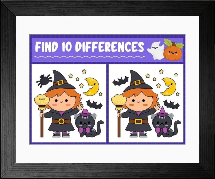 Framed Print : Halloween find differences game for children. Attention skills activity with cute witch, black cat, moon and broom. Puzzle for kids with funny charact Framed Print : Halloween find differences game for children. Attention skills activity with cute witch, black cat, moon and broom. Puzzle for kids with funny charact