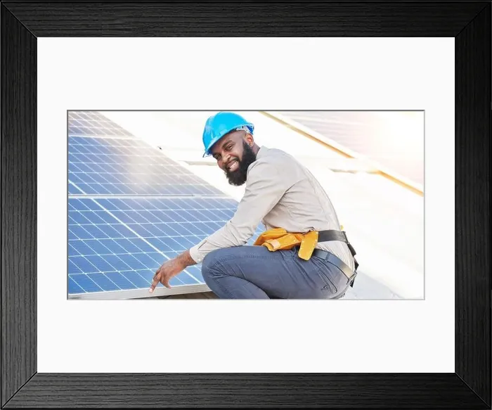 Framed Print : Black man, portrait and technician in solar panel installation on rooftop in city for renewable energy. Happy African male person, engineer or Framed Print : Black man, portrait and technician in solar panel installation on rooftop in city for renewable energy. Happy African male person, engineer or