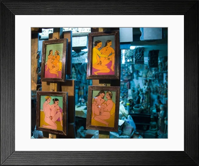 Framed Print : Hand painted Kama Sutra paintings in a shop in Chor Bazaar the largest antique flee market in Mumbai India Framed Print : Hand painted Kama Sutra paintings in a shop in Chor Bazaar the largest antique flee market in Mumbai India