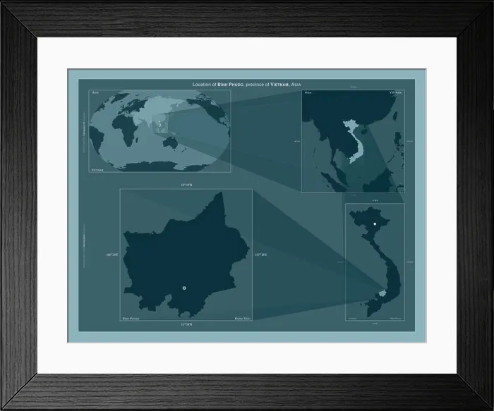 Framed Print : Binh Phuoc, province of Vietnam. Diagram showing the location of the region on larger-scale maps. Composition of vector frames and PNG shapes on a sol