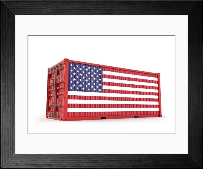 Framed Print : Realistic shipping container textured with Flag of the United States. Isolated. 3D Rendering Framed Print : Realistic shipping container textured with Flag of the United States. Isolated. 3D Rendering