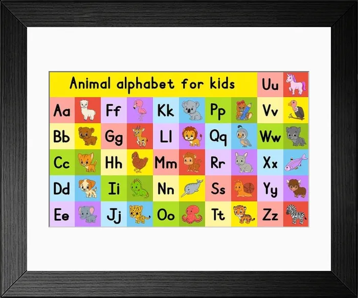 Framed Print : English alphabet with cartoon characters. Vector set. Bright color style. Learn ABC. Lowercase and uppercase letters Framed Print : English alphabet with cartoon characters. Vector set. Bright color style. Learn ABC. Lowercase and uppercase letters