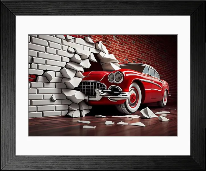 Framed Print : 3d mural wallpaper broken wall bricks and a classic red car. Painted design for children and kid's bedroom wallpaper