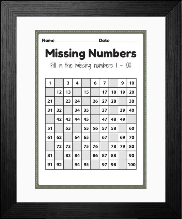 Framed Print : Number worksheets, missing numbers 1 to 100 printable sheet for preschool and kindergarten kids activity to learn basic mathematics skills Framed Print : Number worksheets, missing numbers 1 to 100 printable sheet for preschool and kindergarten kids activity to learn basic mathematics skills