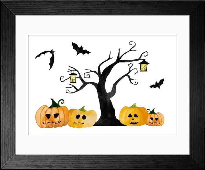 Framed Print : Halloween art watercolor illustration with pumpkin, bats and creepy tree for postcard decoration. Spooky autumn holiday drawing Framed Print : Halloween art watercolor illustration with pumpkin, bats and creepy tree for postcard decoration. Spooky autumn holiday drawing