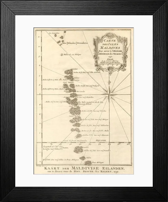 Framed Print : Carte des Isles Maldives'. BELLIN / SCHLEY 1753 old antique map plan chart Framed Print : Carte des Isles Maldives'. BELLIN / SCHLEY 1753 old antique map plan chart
