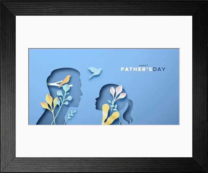 Framed Print : Happy Father's Day papercut greeting card illustration of father, girl daughter. Dad and kid cutout in realistic 3D style with nature leaf paper craft Framed Print : Happy Father's Day papercut greeting card illustration of father, girl daughter. Dad and kid cutout in realistic 3D style with nature leaf paper craft