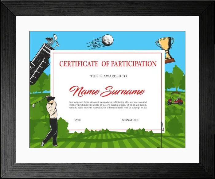 Framed Print : Certificate of participation in golf tournament vector template. Diploma with golfer hitting ball on green field with flag, balls, car and sportsman e Framed Print : Certificate of participation in golf tournament vector template. Diploma with golfer hitting ball on green field with flag, balls, car and sportsman e