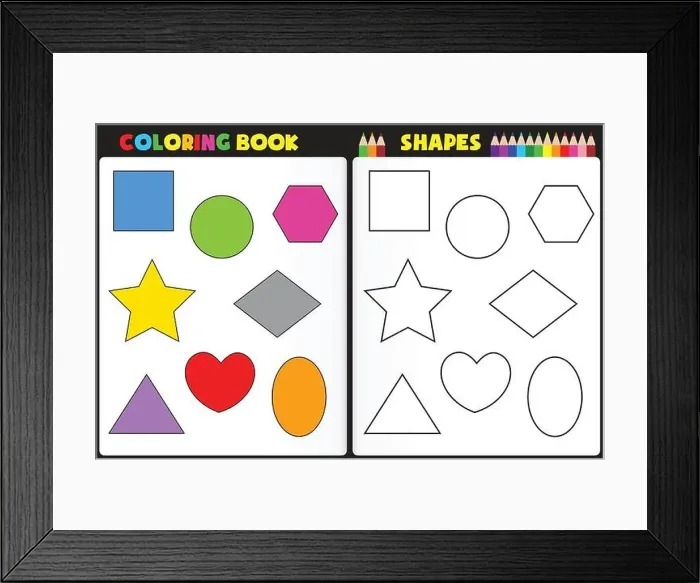 Framed Print : Coloring book page for kids with colorful shapes and sketches to color Framed Print : Coloring book page for kids with colorful shapes and sketches to color