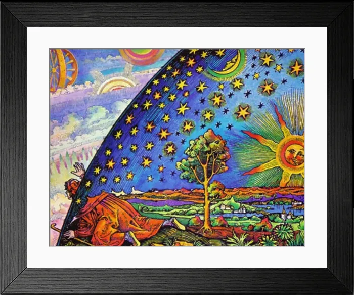 Framed Print : English: The Flammarion engraving is a wood engraving by an unknown artist that first appeared in Camille Flammarion's L'atmosphère Framed Print : English: The Flammarion engraving is a wood engraving by an unknown artist that first appeared in Camille Flammarion's L'atmosphère
