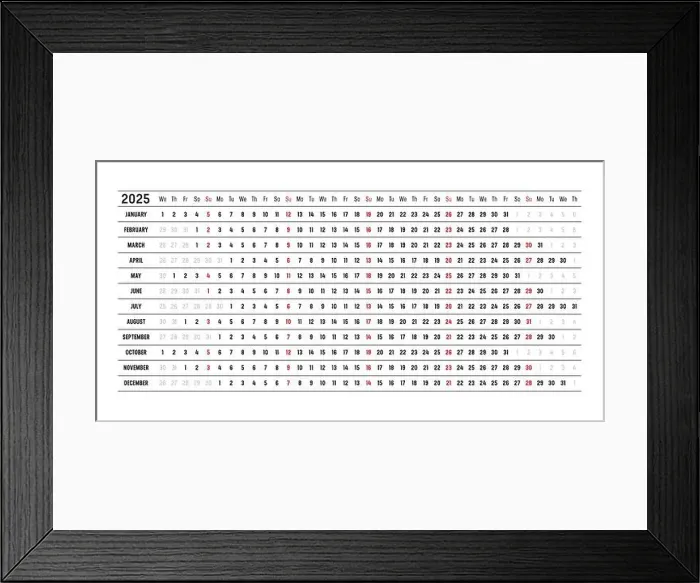 Framed Print : Year 2025 wall calendar with aligned dates, in English. One page timeline, linear and horizontal Framed Print : Year 2025 wall calendar with aligned dates, in English. One page timeline, linear and horizontal