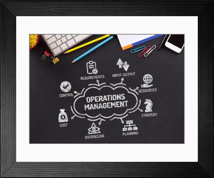 Framed Print : Operations Management Chart with keywords and icons on blackboard Framed Print : Operations Management Chart with keywords and icons on blackboard