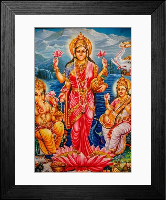 Framed Print : Hindu goddess Lakshmi surrounded by Ganesh and Saraswati. Bhaktivedanta manor, Watford, U.K Framed Print : Hindu goddess Lakshmi surrounded by Ganesh and Saraswati. Bhaktivedanta manor, Watford, U.K