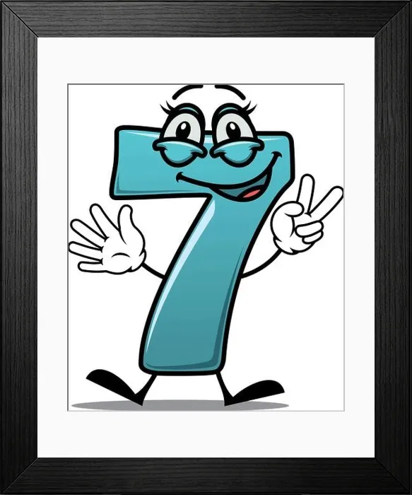 Framed Print : Cartoon cute happy laughing number 7 seven making a victory or peace sign with its fingers, suitable for a kids birthday, on white Framed Print : Cartoon cute happy laughing number 7 seven making a victory or peace sign with its fingers, suitable for a kids birthday, on white