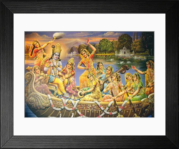 Framed Print : Krishna Radha, Lord Krishna with Radha in a boat playing musical instrument flute and gopis playing sitar veena dholak dancing painting, India Framed Print : Krishna Radha, Lord Krishna with Radha in a boat playing musical instrument flute and gopis playing sitar veena dholak dancing painting, India