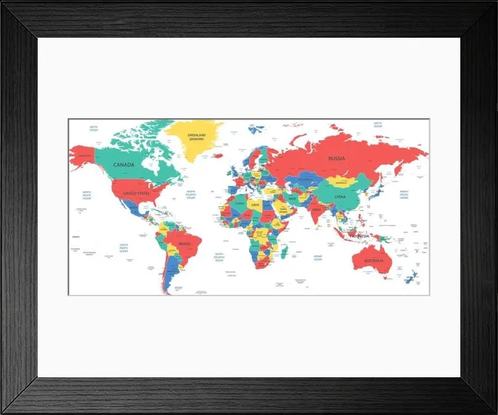Framed Print : Detailed world map with borders, countries and cities Framed Print : Detailed world map with borders, countries and cities