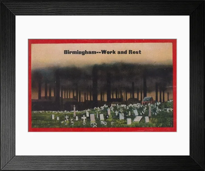 Framed Print : Birmingham - work and rest: postcard - line of factories with billowing industrial smoke / smog in the background Framed Print : Birmingham - work and rest: postcard - line of factories with billowing industrial smoke / smog in the background