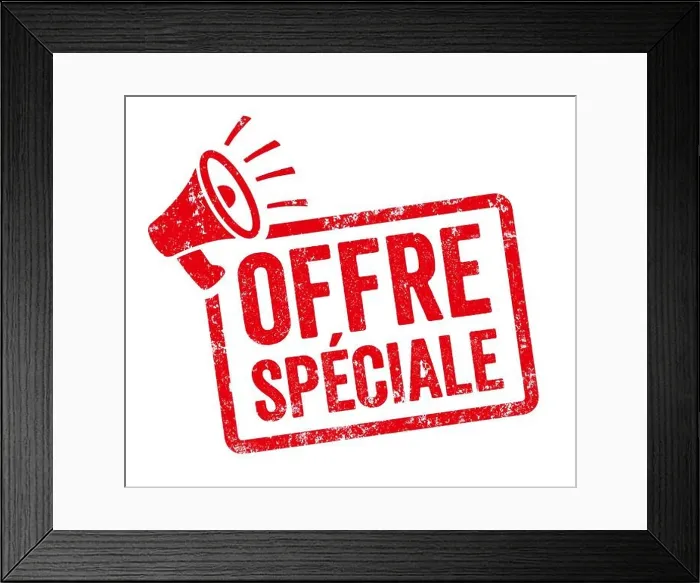 Framed Print : Red stamp with megaphone - Special offer in french - Offre spéciale Framed Print : Red stamp with megaphone - Special offer in french - Offre spéciale