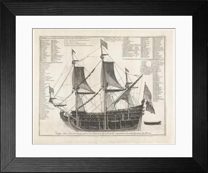 Framed Print : Admiral ship, in section, ca. 1700; Coupe Dun Amiral de 104. Pieces De Canon Avec Les Principales Proportions et Les Noms des Peices du Dedans Framed Print : Admiral ship, in section, ca. 1700; Coupe Dun Amiral de 104. Pieces De Canon Avec Les Principales Proportions et Les Noms des Peices du Dedans