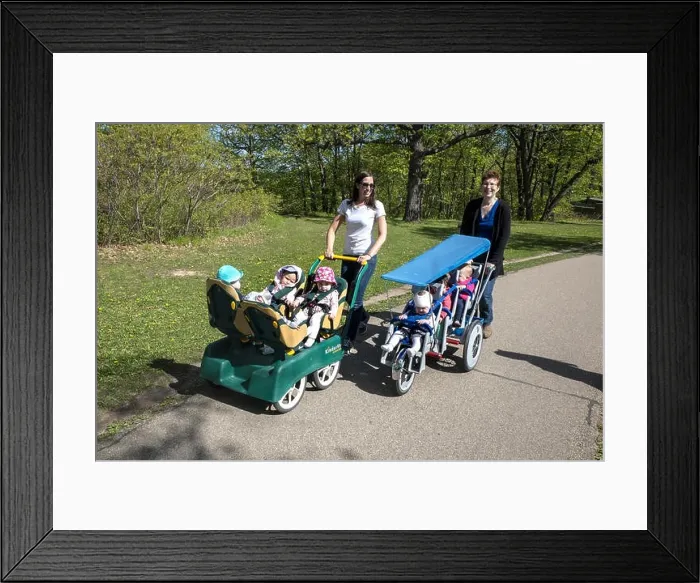 Framed Print : Daycare woman taking a walk with toddlers in multi fit strollers. North Mississippi River Boulevard. St Paul Minnesota MN USA