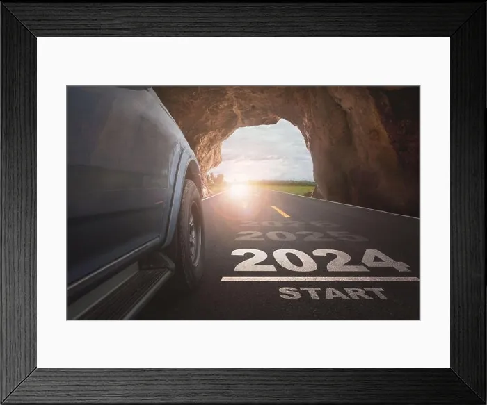 Framed Print : Happy New Year 2024, 2024 symbolizes the beginning of a new year. The beginning of cars running on the road with sunset light goal of success Framed Print : Happy New Year 2024, 2024 symbolizes the beginning of a new year. The beginning of cars running on the road with sunset light goal of success