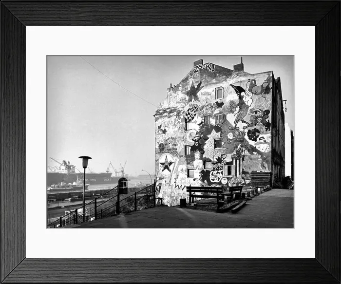Framed Print : One of the squatted and colorfully decorated houses in Hafenstrasse on St. Pauli with a view of the Elbe and Dock 11 of Blohm und Voss. 1988 - Christo Framed Print : One of the squatted and colorfully decorated houses in Hafenstrasse on St. Pauli with a view of the Elbe and Dock 11 of Blohm und Voss. 1988 - Christo