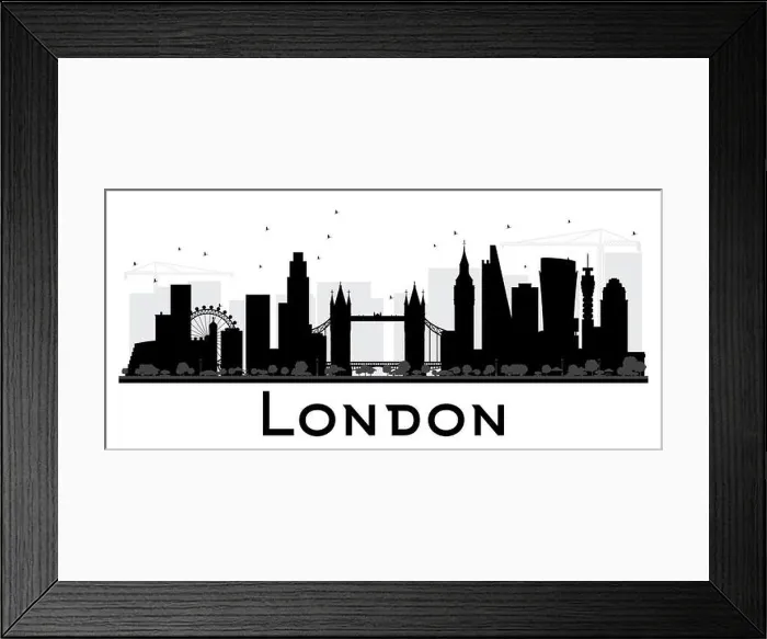 Framed Print : London City skyline black and white silhouette. Simple flat concept for tourism presentation, banner, placard or web site. Cityscape with landmarks Framed Print : London City skyline black and white silhouette. Simple flat concept for tourism presentation, banner, placard or web site. Cityscape with landmarks